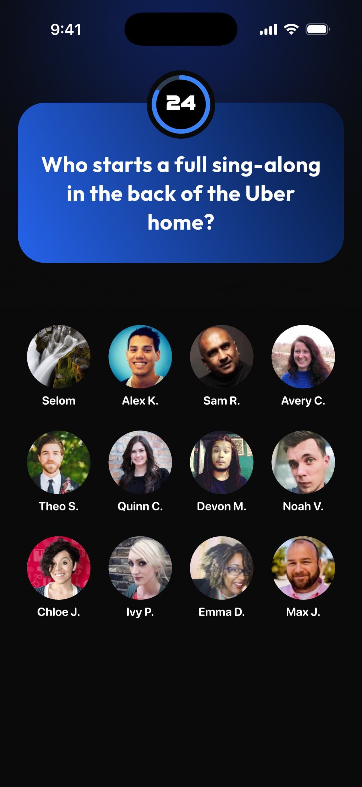 Voting screen with a question and twelve players